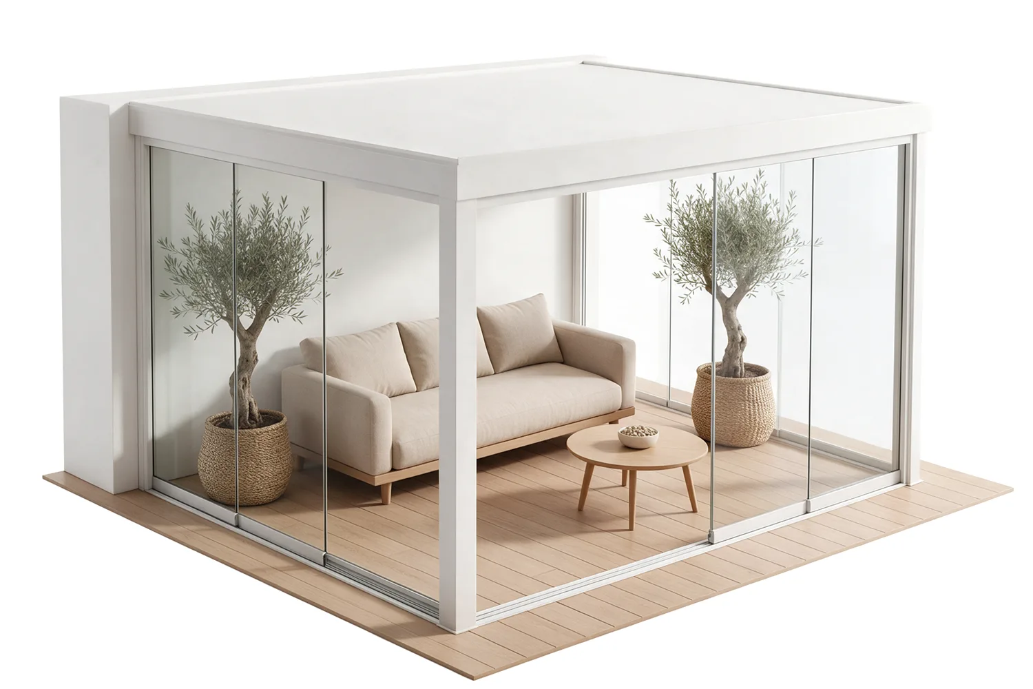 Cerramiento de cristal de una terraza con sofá y mesa