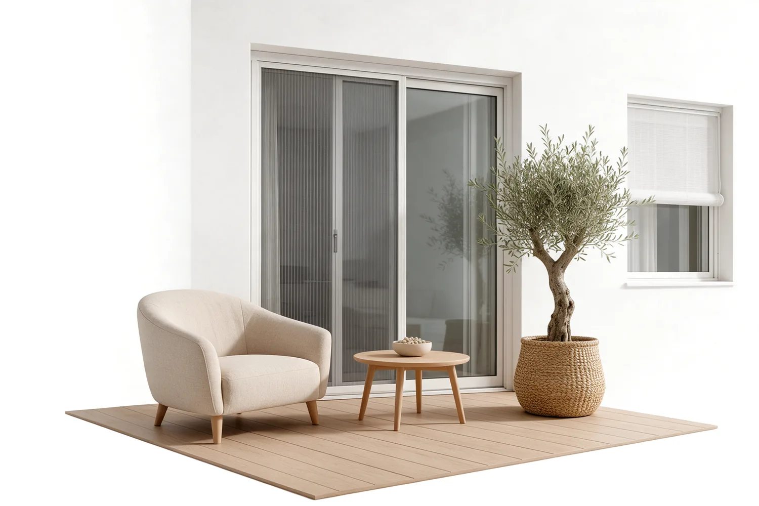 Puerta de terraza con mosquitera plisada y ventana con mosquitera enrollable