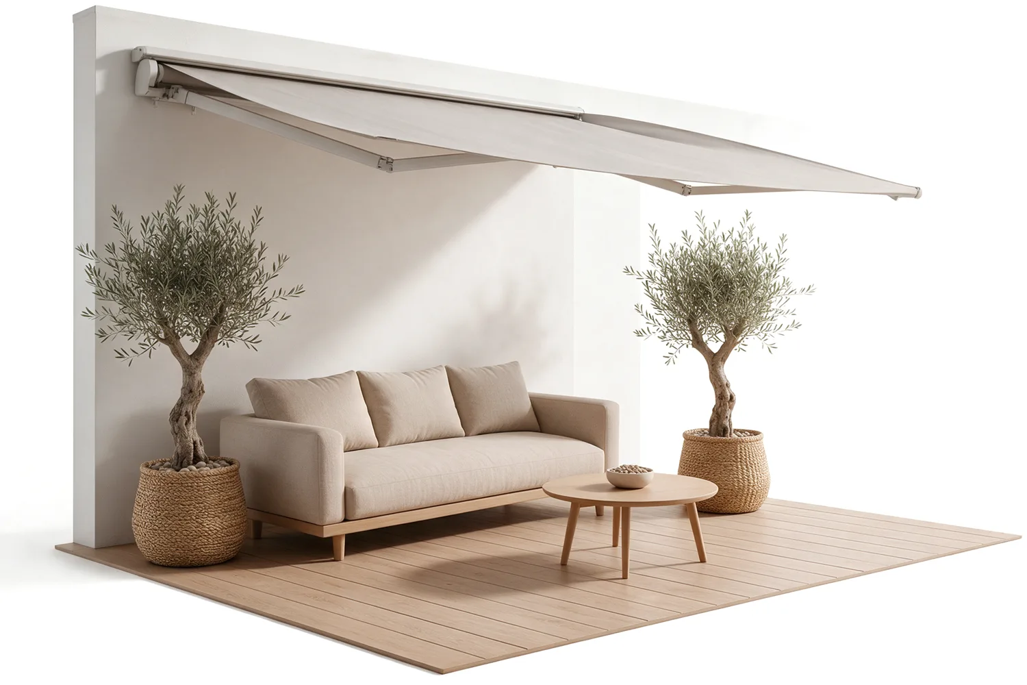 Toldo extensible sobre una terraza con sofá y olivos