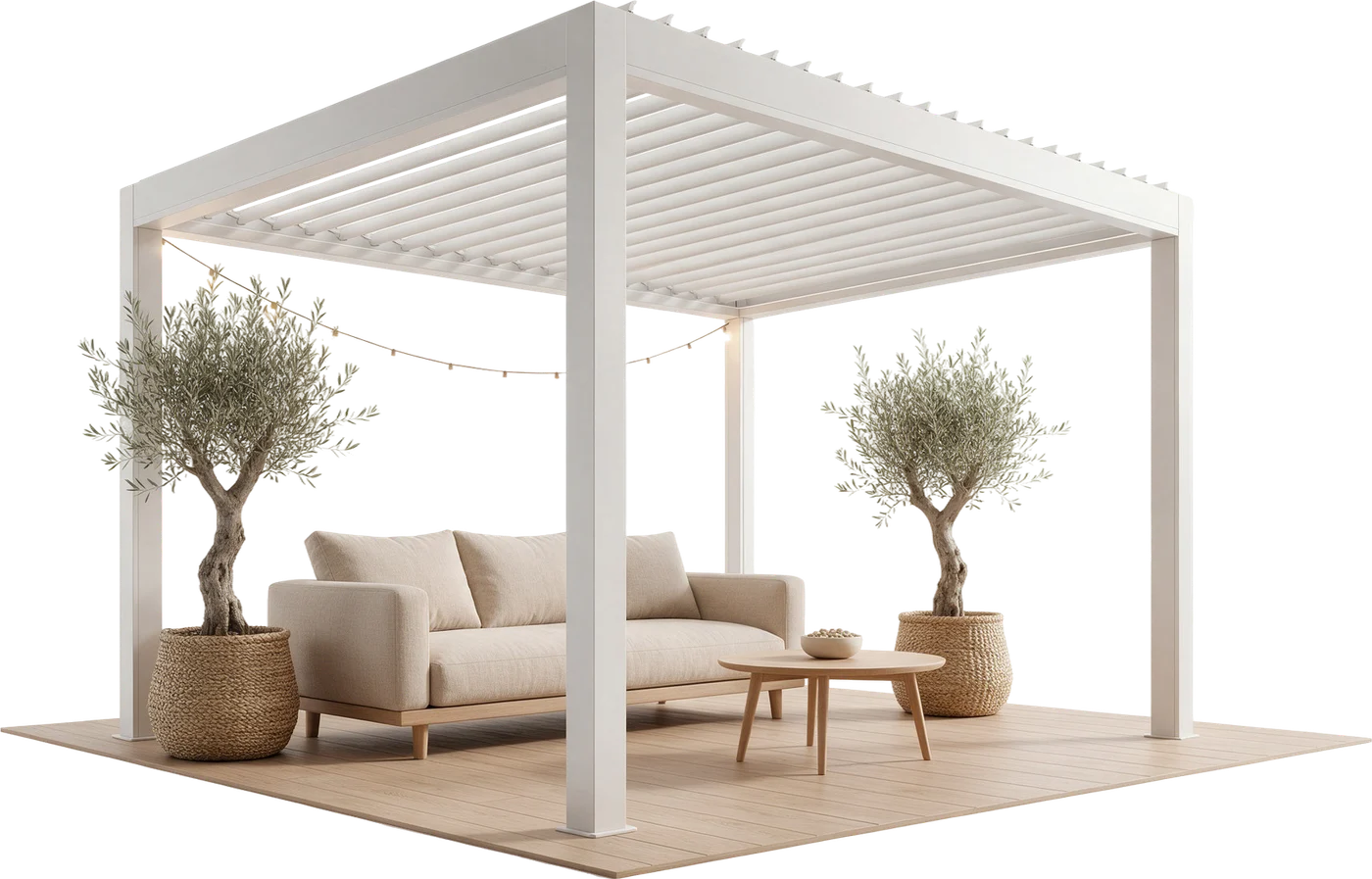 Pérgola bioclimática blanca con sofá y olivos